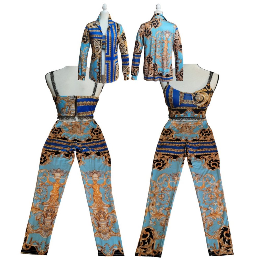 Versace style 3 Piece Stretchy Ensemble Jacket Crop Top Pant Medusa chic